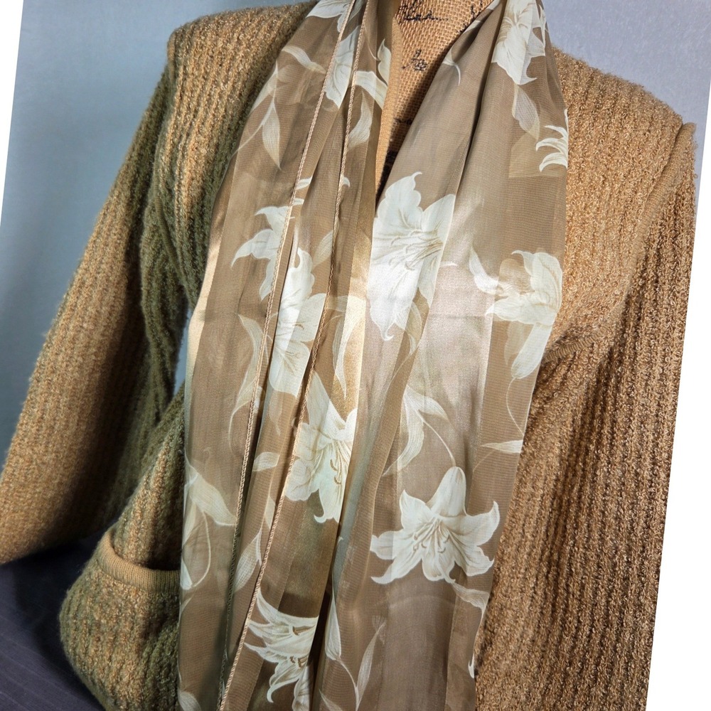 Tan Vintage Boucle Knit "Collections" Cardigan Sweater Women XL Pockets Scarf